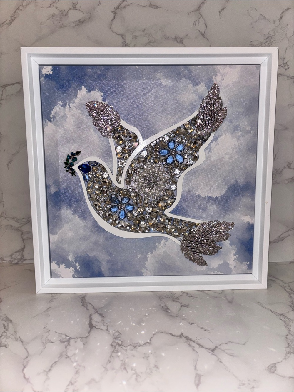 Bejeweled Flying Dove Wall Art - Blue and Silver Mixed Media